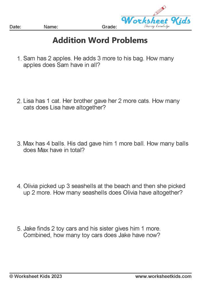 Addition Word Problems Worksheets For 1st And 2nd Graders Free Printable