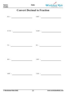 Convert Decimal to Fraction : Free 6th, 7th, 8th Grade Worksheets