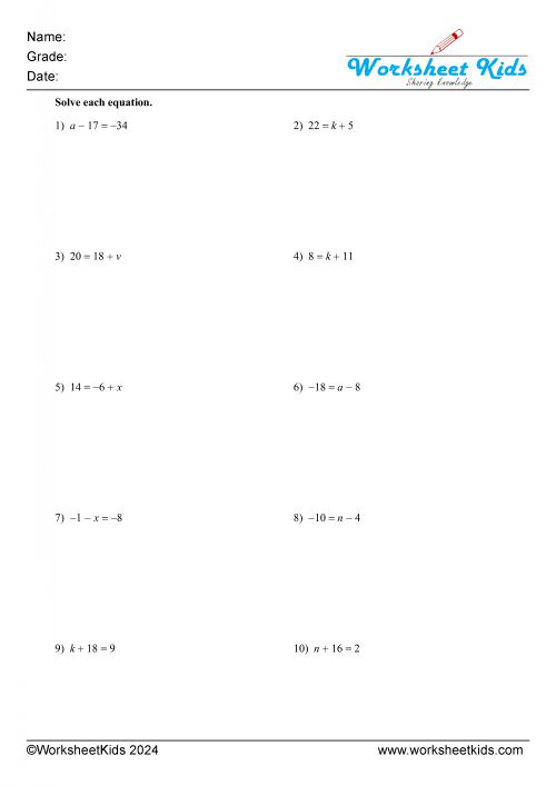 One-Step Equations Worksheets: Addition, Subtraction, Multiplication ...