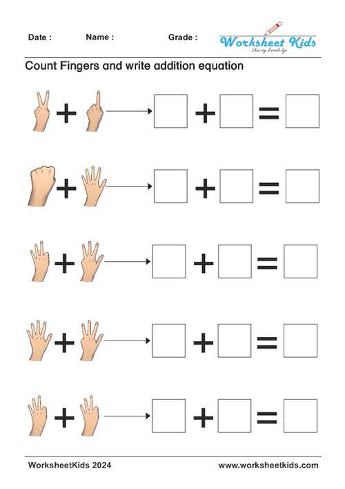 Child practicing addition using finger counting and form addition equation at home