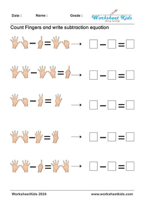 Child using finger counting method to solve subtraction on a worksheet and write subtraction equation