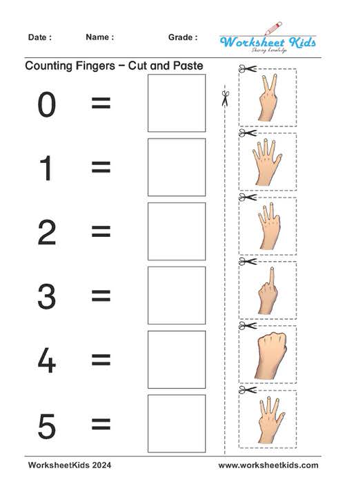 Cut and paste Interactive finger counting worksheet for teaching preschool