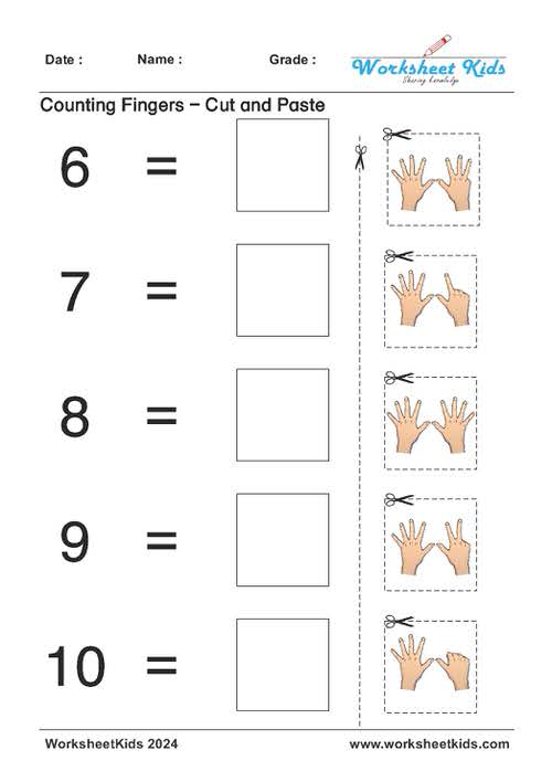 Cut and paste finger counting worksheet for kindergarten