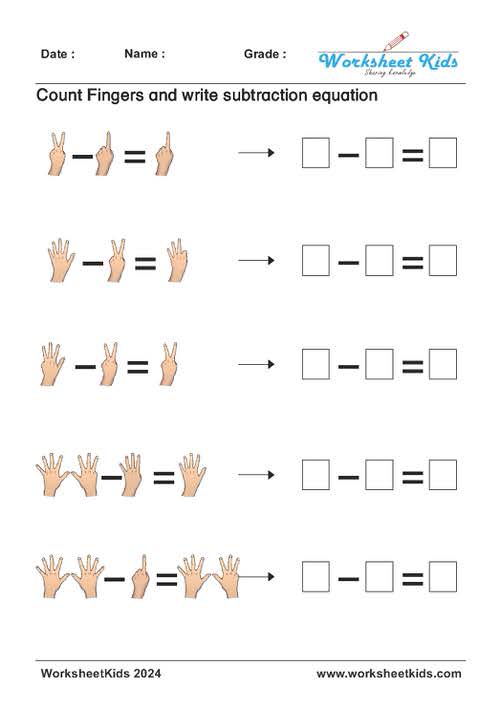 Finger counting subtraction worksheet for preschoolers