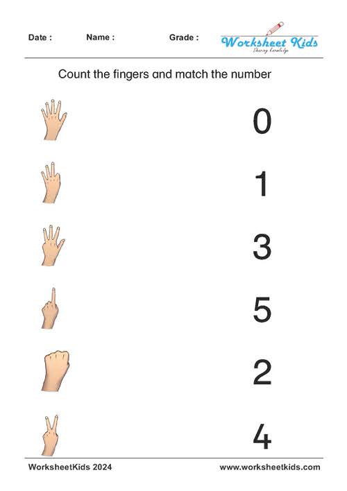 Young learner using fingers to count and match numbers on a worksheet