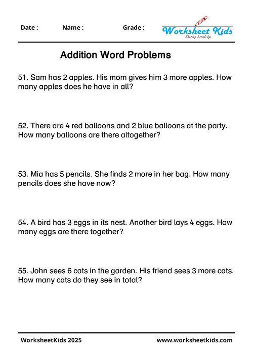 K-1 addition word problems free download pdf