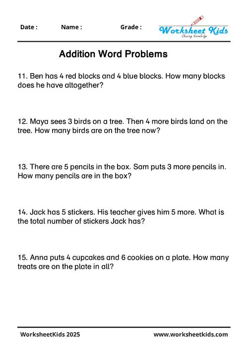 First grade addition test problems Title: Grade 1 Addition Assessment