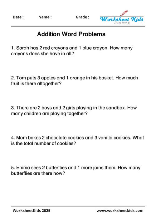 Addition practice problems for 1st grade students