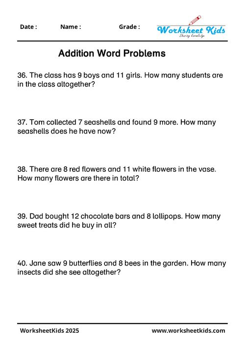 Grade 1 math addition word problems with answer keys free download