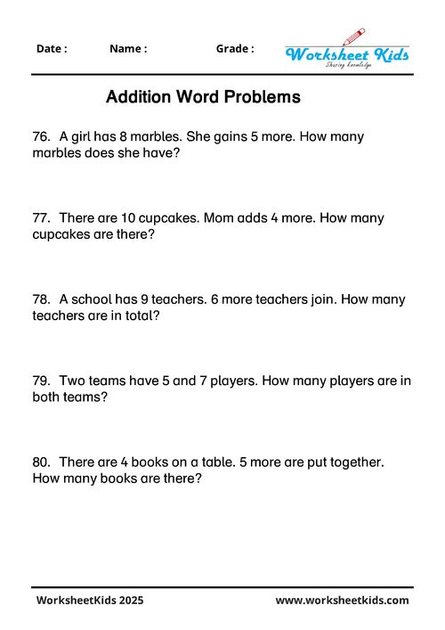 Kindergarten addition word problems with answer key