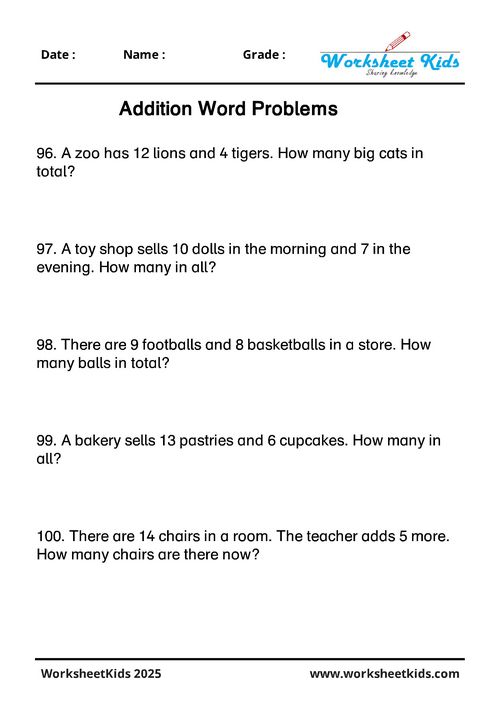 First grade addition word problems with sums up to 20