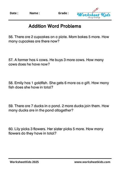 Simple addition word problems for kindergarten with sums up to 5