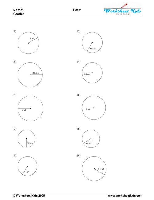 Convert Radius to Diameter Free Circle Worksheet Geometry Practice