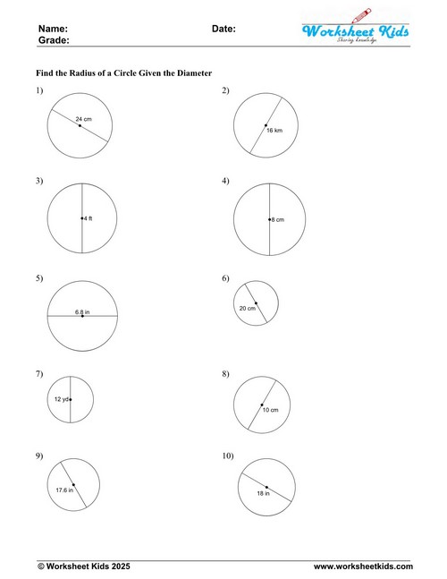 Diameter to Radius Conversion Free Math Worksheet Circle Geometry