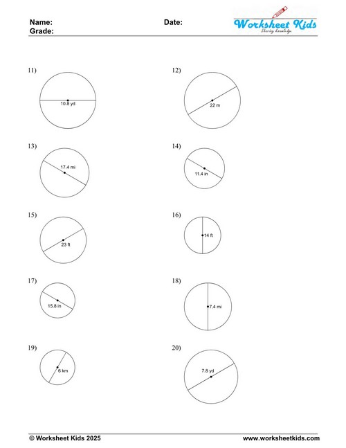 Find Radius from Diameter Free Printable Worksheet Circle Formulas