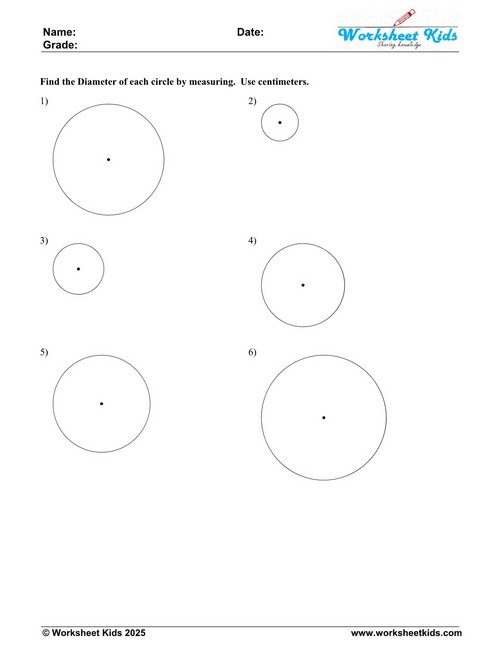 Free Printable Circle Diameter Worksheet Measure in CM Grade 3-5 Math