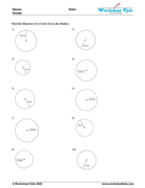 circle radius measurement worksheet elementary geometry centimeters